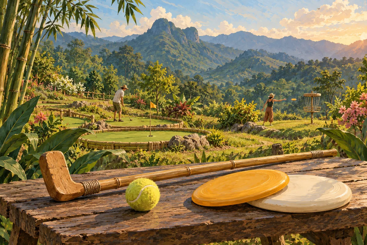 Illustration of a bamboo golf club, tennis ball and flying discs beside an imagined countryside course.