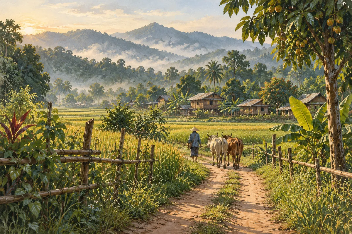 Illustration of a farmer and cattle on a quiet village lane beside northern Thai fields.