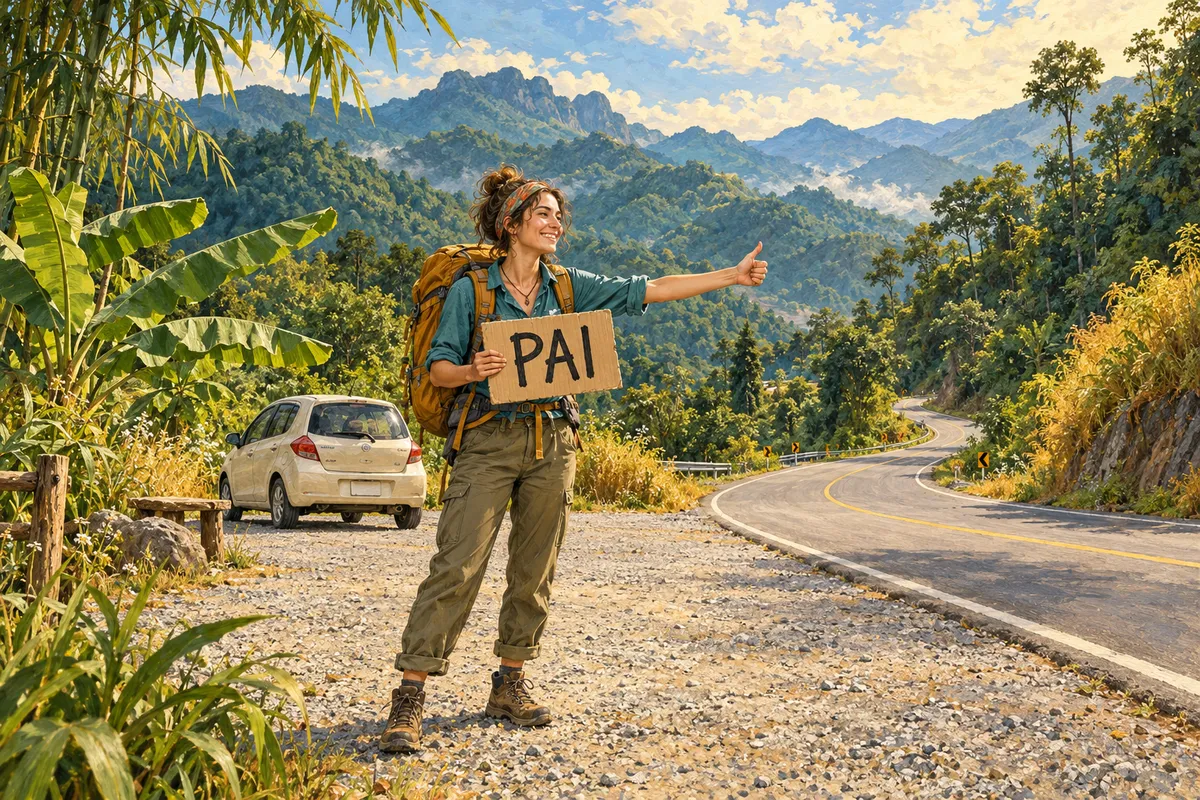 Editorial illustration of a backpacker holding a PAI sign in a gravel rest area beside a winding forest road, with a parked cream car and green mountains.