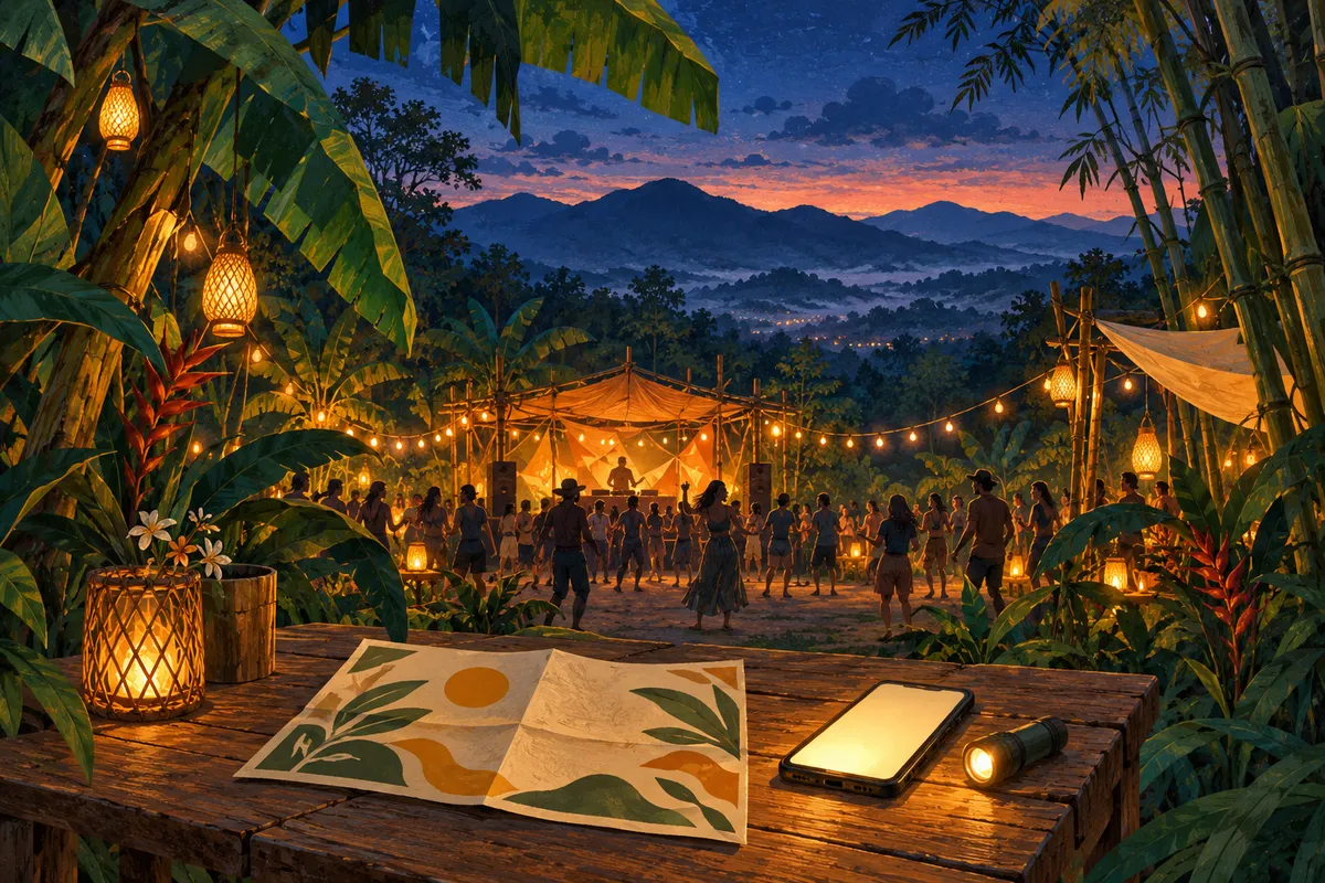 Illustration of a lantern-lit jungle music gathering with a blank flyer, phone and flashlight on a table.