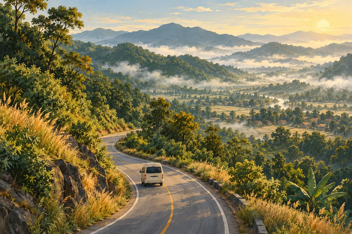 Illustration of a cream minivan following a winding mountain road through green hills.