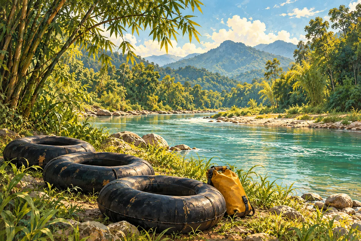 Illustration of inflatable river tubes on a grassy bank beside a winding tropical river.