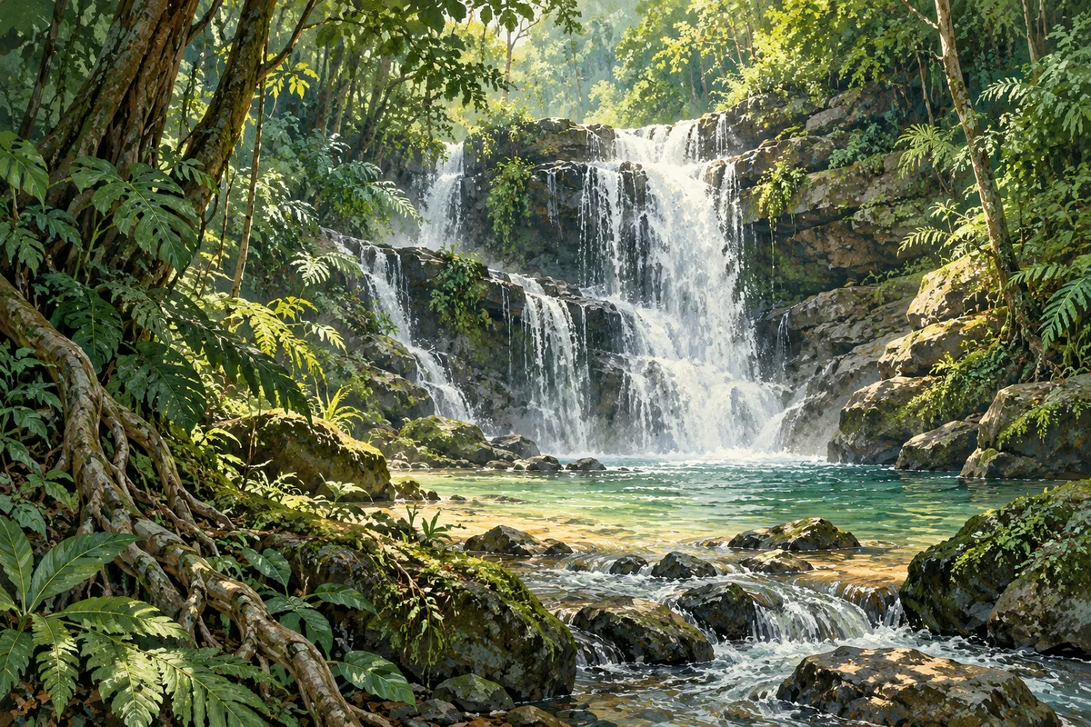 Illustration of a waterfall cascading over dark rocks into a lush, fern-lined jungle stream.