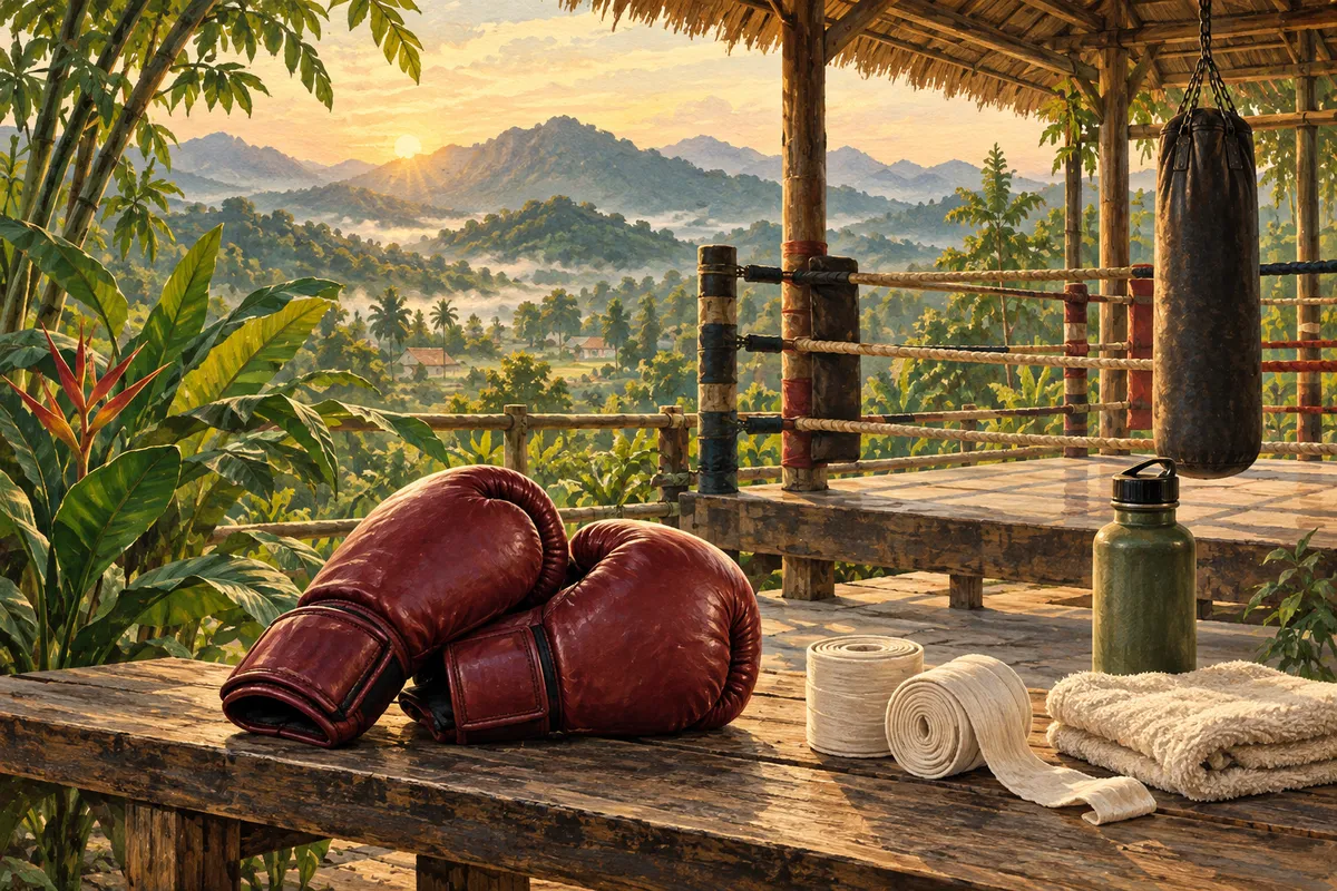 Illustration of burgundy boxing gloves, hand wraps, a towel and water bottle beside an imagined open-air Muay Thai ring in the Pai mountains.