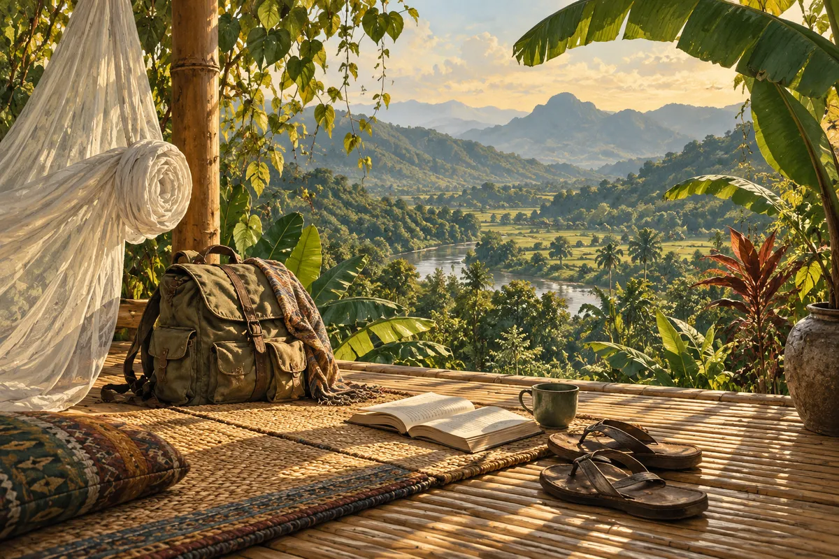 Illustration of a mosquito net, travel bag, book and sandals on an airy bamboo veranda.