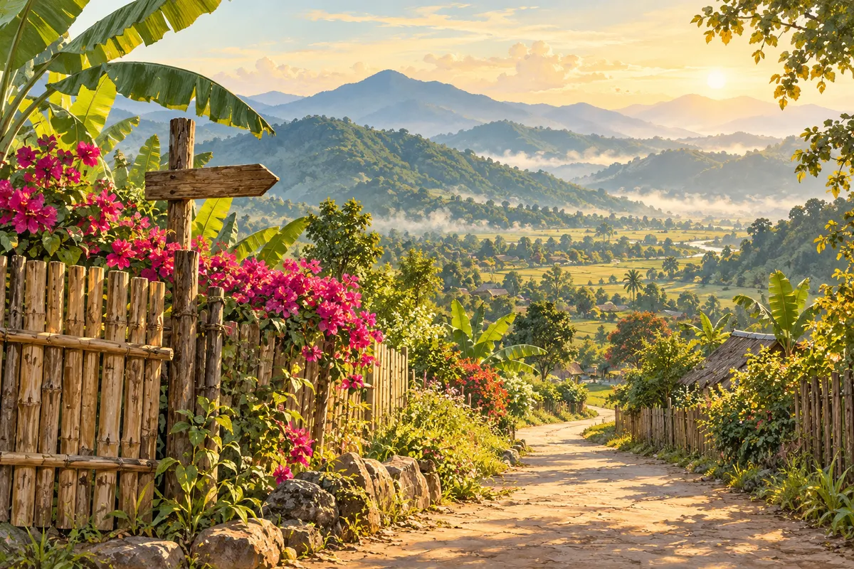 Illustration of a countryside arrival path, bamboo fence and flowering plants opening toward green hills.