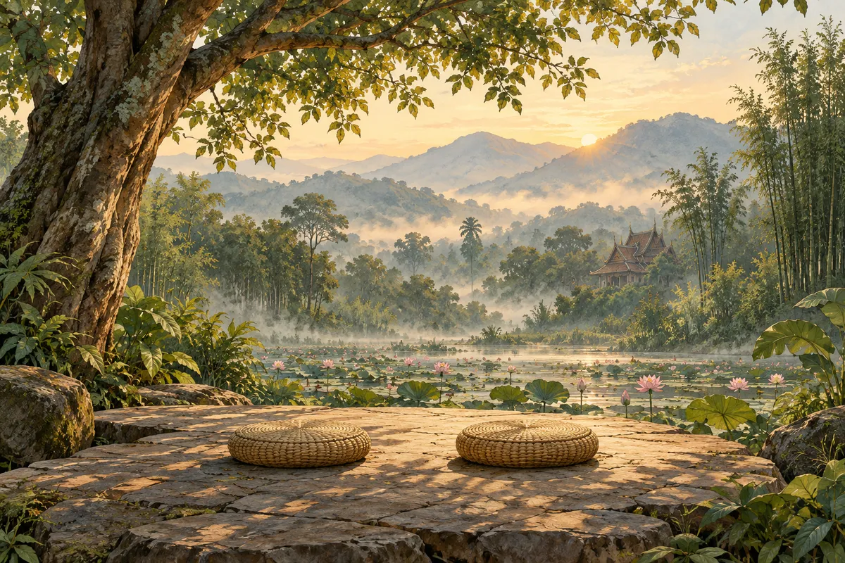 Illustration of meditation cushions under a spreading tree beside a quiet forest pond.
