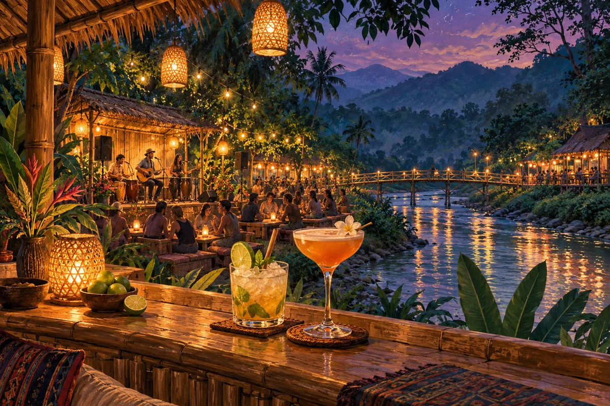 Illustration of lantern-lit riverside bars, musicians and a small bridge beneath Pai-inspired mountains.