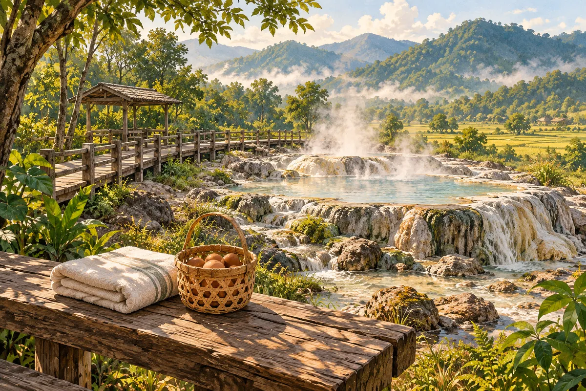 Illustration of a steaming countryside spring with a viewing walkway, an egg basket and a folded towel on a wooden bench.