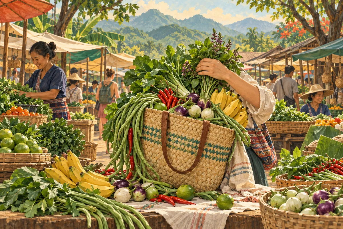 Painted editorial illustration of an overflowing woven shopping bag filled with herbs, vegetables and fruit at an imagined morning market in a green mountain valley.