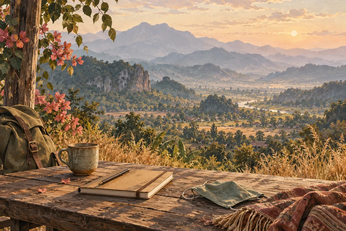 Illustration of hazy mountain layers with a travel notebook and face mask in the foreground.