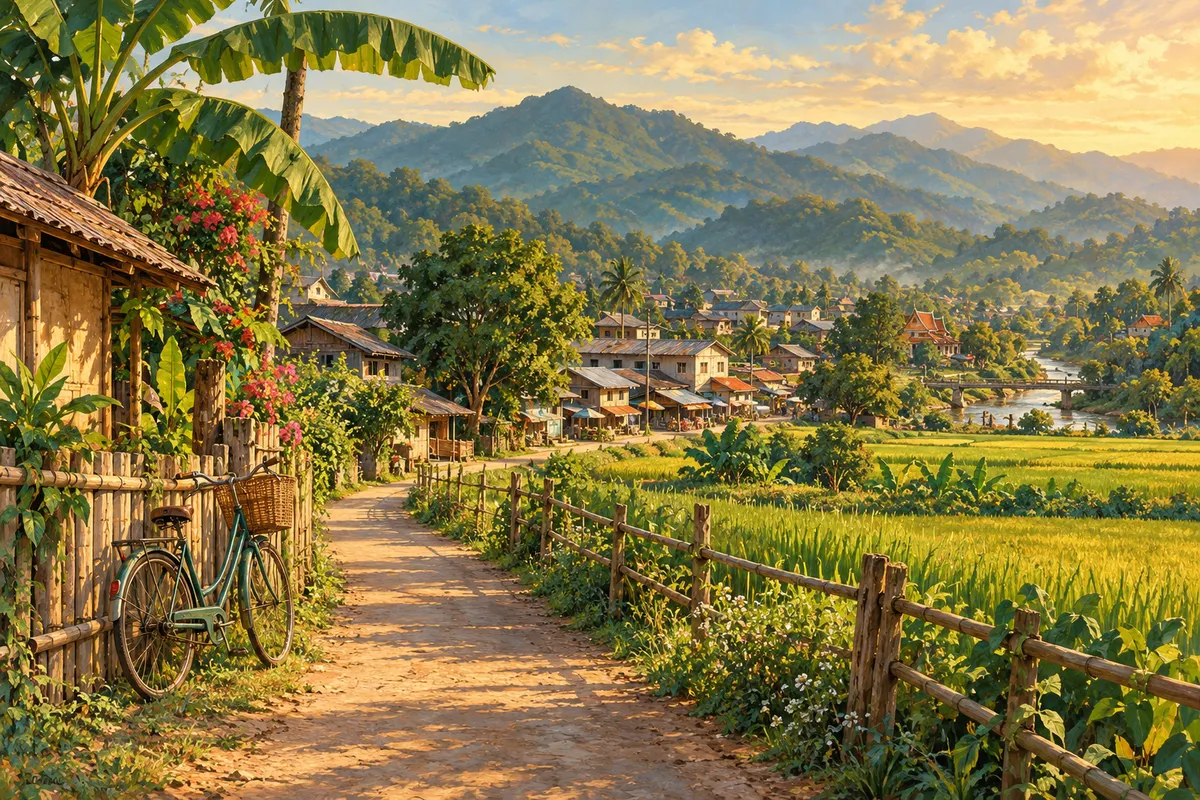 Illustration of a lane connecting green countryside with the roofs of a small northern Thai town.