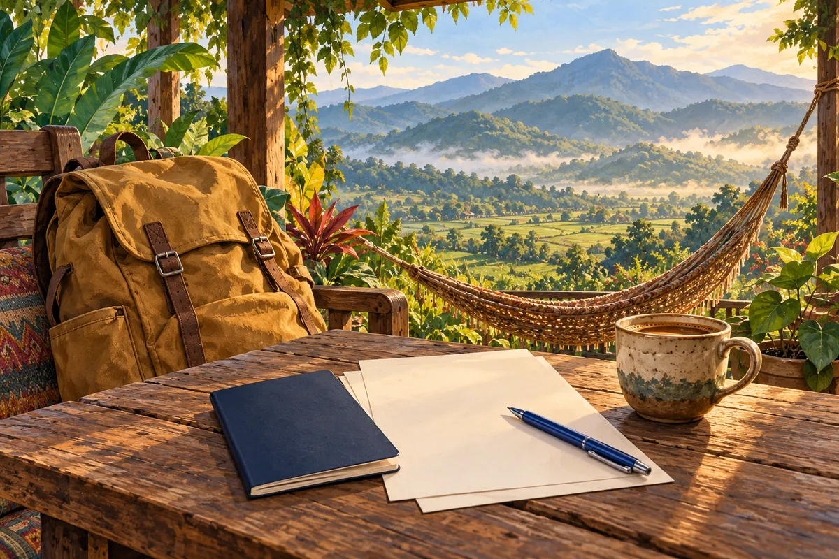 Editorial illustration of a plain passport booklet, blank paperwork, a pen and coffee beside a backpack, with a hammock overlooking green mountain fields.