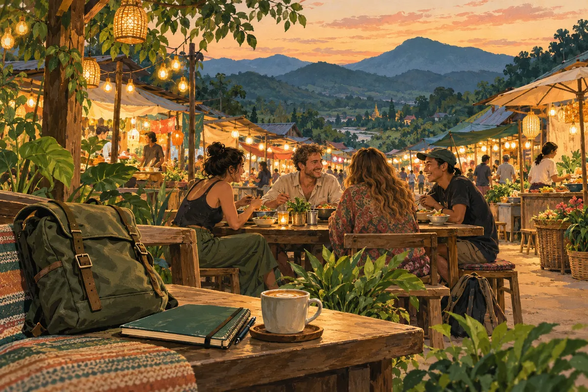 Illustration of adult travellers sharing a market meal, with a backpack, notebook and coffee in the foreground.