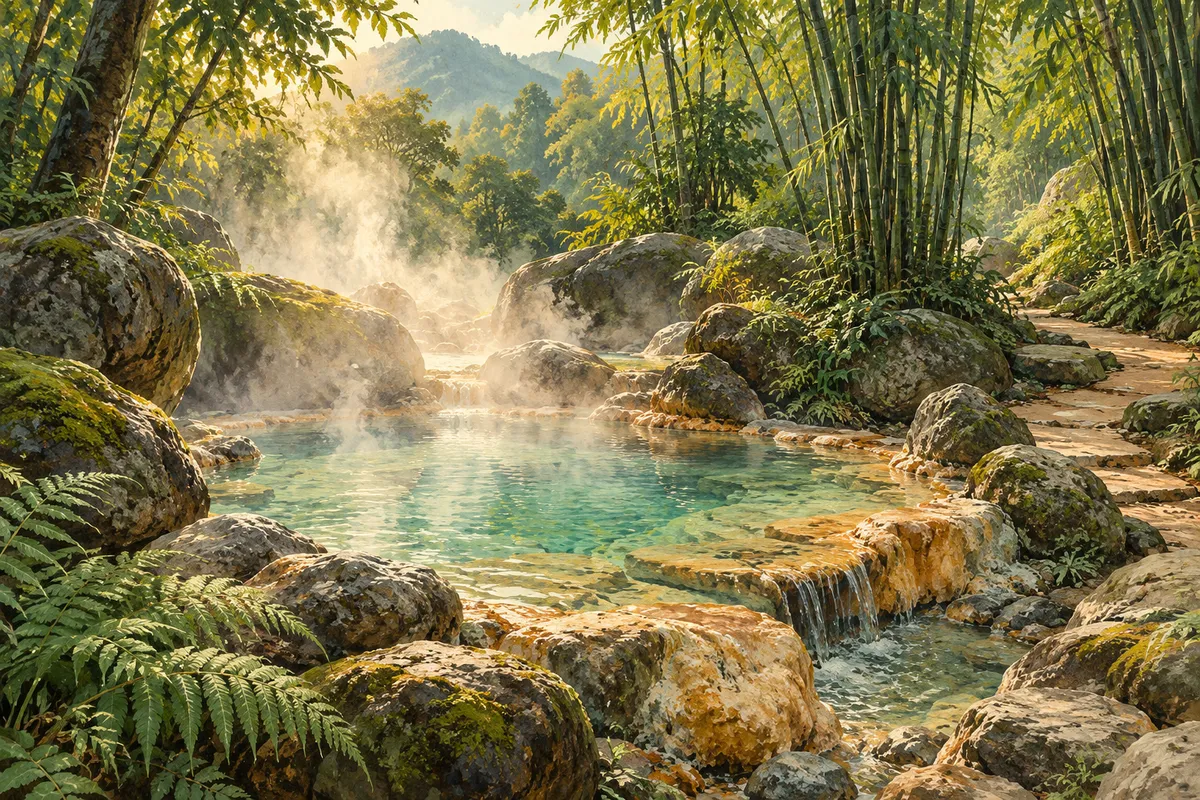 Illustration of a steaming natural pool surrounded by mossy rocks, ferns and bamboo.
