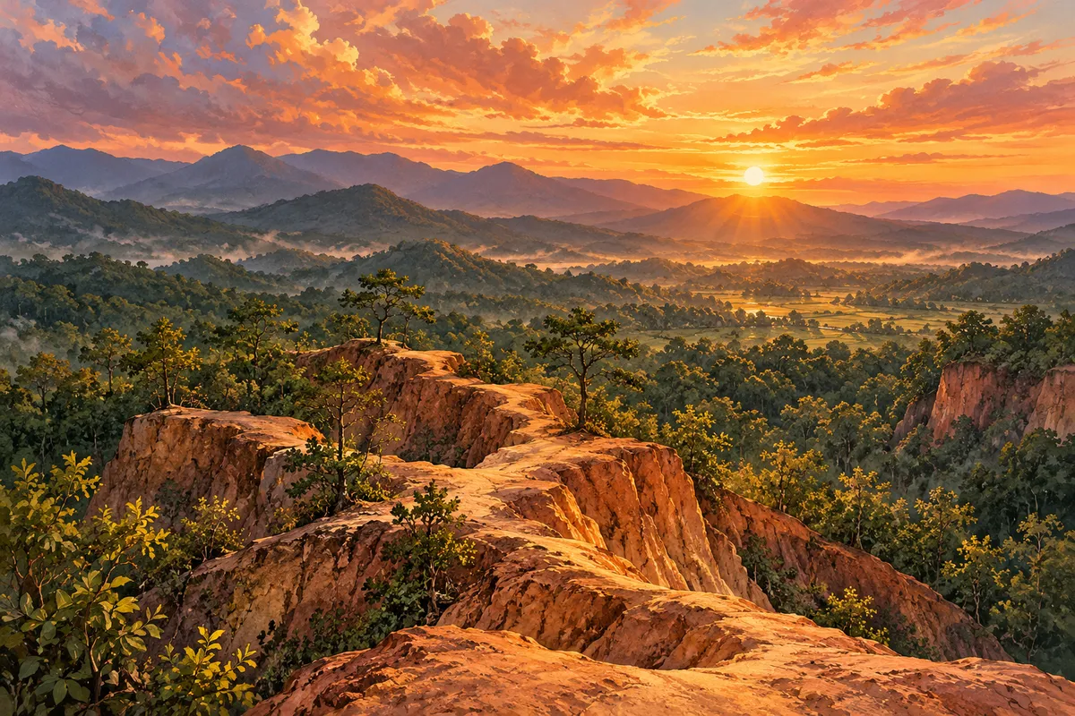 Illustration of ochre canyon ridges overlooking a green valley beneath an apricot sunset.