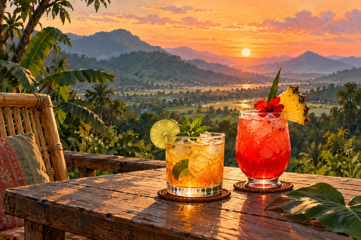 Illustration of tropical drinks on a wooden table against mountain silhouettes at sunset.