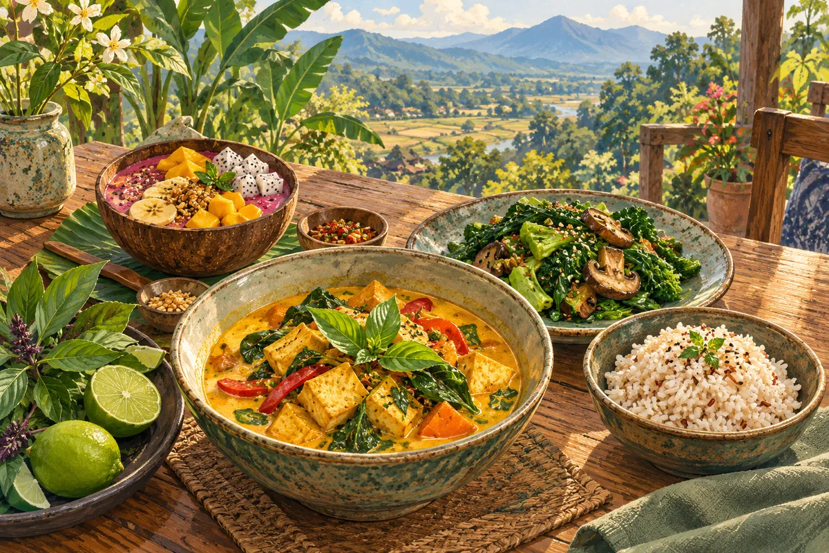 Illustration of tofu curry, rice, stir-fried greens and a fruit bowl on a rustic cafe table.