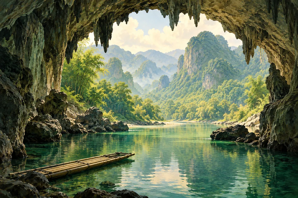 Illustration of a limestone cave opening, an empty bamboo raft and a luminous green valley.