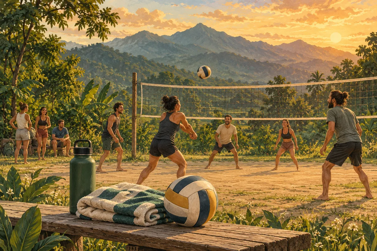 Illustration of a relaxed countryside volleyball game, with a ball, towel and water bottle on a bench.