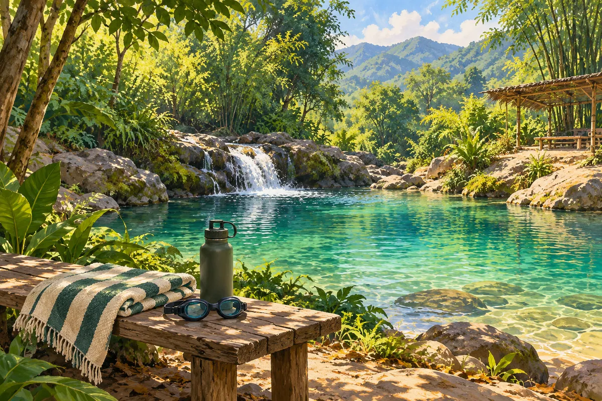 Illustration of a towel, swimming goggles and water bottle beside an imagined forest swimming pool.