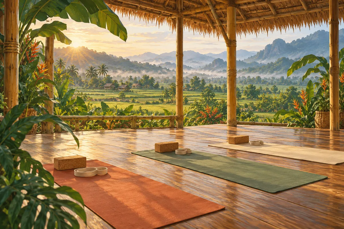 Illustration of three yoga mats and cork blocks in an open bamboo pavilion overlooking green fields and mountains.