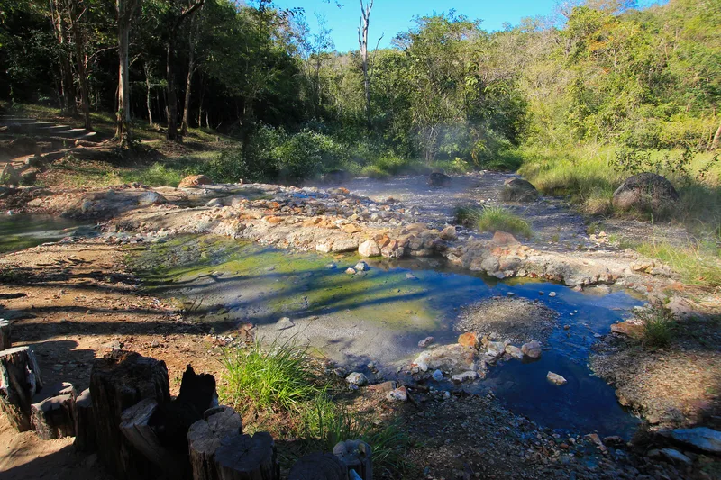 Steam rising from the rocky pools at Tha Pai Hot Springs, surrounded by green woodland.